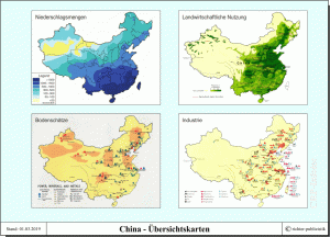 Vier Übersichtskarten von China mit verschiedenen Parametern