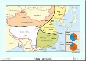 China viergeteilt - das braune, gelbe, grüne und weiße Land (Karte)