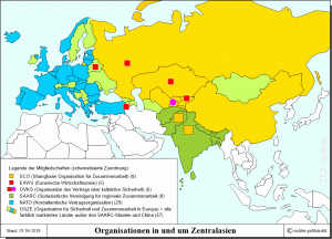 Organisationen in und um Zentralasien (Karte)