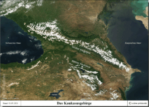 Kaukasusgebirge - Topografie der Kaukasus-Region (Quelle der Satellitenaufnahme - NASA))