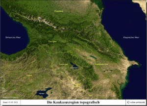 Kaukasus - Topografie mit eingezeichneten Staatsgrenzen (Quelle der Satellitenaufnahme - NASA)