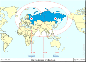 Die russische Weltsichten mit Zentrum Moskau und Zentrum Wladiwostok (Kartengrafik)